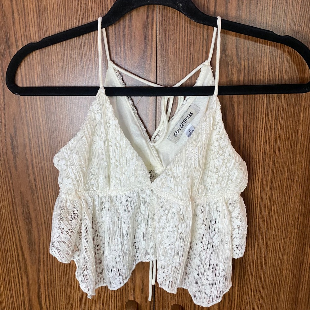 Urban Outfitters Lace Babydoll Crop Top Womens Small White Boho Tie Back V-Neck‎